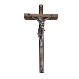 Vintage Wooden Pewter Silver Tone Wall Crucifix Jesus Christ 12" Cross